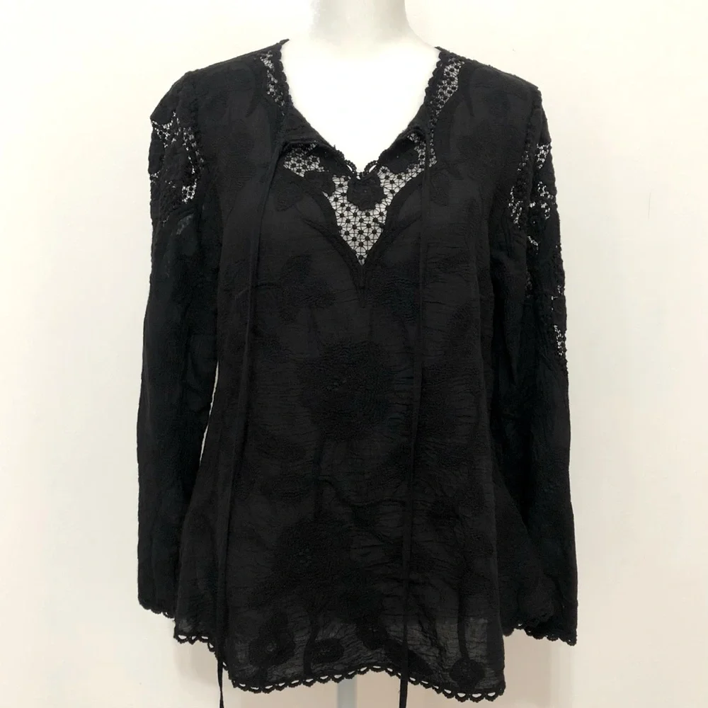 V Cristina Long Sleeve Crochet Accented Top